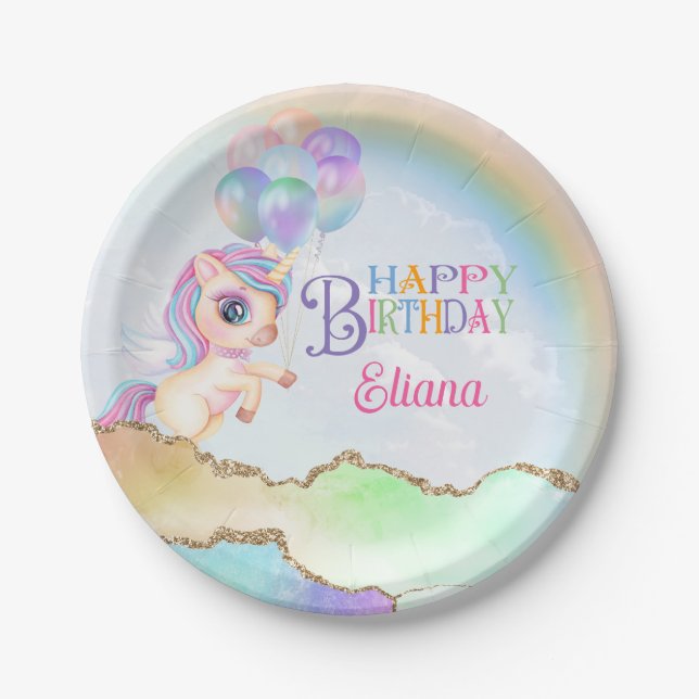 Magical Rainbow Unicorn Birthday Paper Plate (Front)