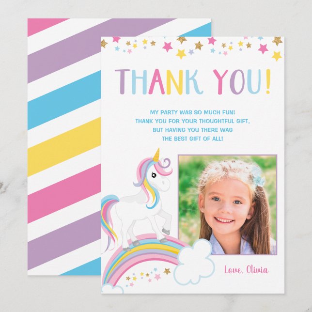 Magical Rainbow Unicorn Birthday Photo Flat Thank You Card (Front/Back)