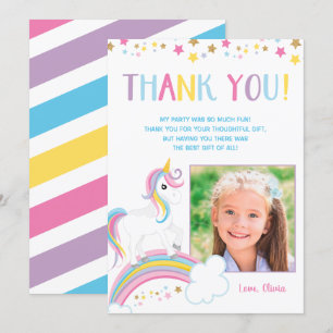 Magical Rainbow Unicorn Birthday Photo Flat Thank You Card