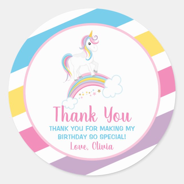 Magical Rainbow Unicorn Birthday Thank You Favours Classic Round Sticker (Front)