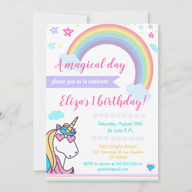 Magical Rainbow Unicorn Face Cute Girls Birthday Invitation (Front)