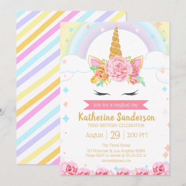 Magical Rainbow Unicorn Face Floral Girls Birthday Invitation (Front/Back)