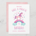 Magical Rainbow Unicorn Girl Birthday Card<br><div class="desc">A cute pink unicorn surrounded with hearts and standing on a rainbow decorates this cute girl unicorn birthday card. Personalise it for your favourite girl's birthday. Designed for you by Blackberry Boulevard.</div>