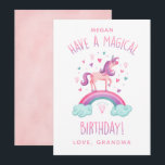 Magical Rainbow Unicorn Girl Birthday Card<br><div class="desc">A cute pink unicorn surrounded with hearts and standing on a rainbow decorates this cute girl unicorn birthday card. Personalise it for your favourite girl's birthday. Designed for you by Blackberry Boulevard.</div>