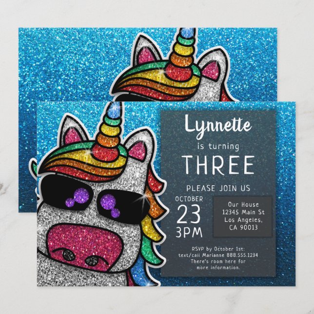 Magical Rainbow Unicorn Glitter Whimsical Birthday Invitation (Front/Back)
