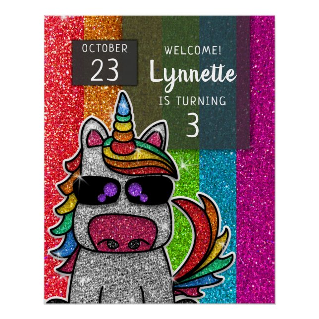 Magical Rainbow Unicorn Glitter Whimsical Birthday Poster (Front)
