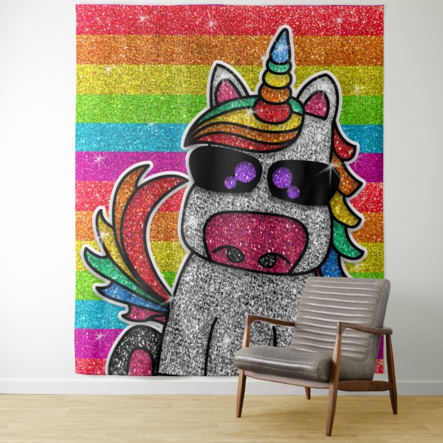 Magical Rainbow Unicorn Glitter Whimsical Birthday Tapestry (In Situ)
