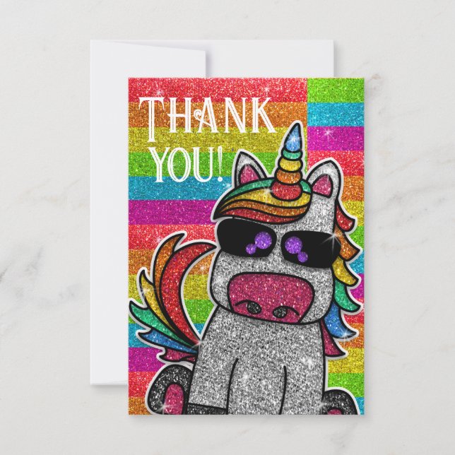 Magical Rainbow Unicorn Glitter Whimsical Birthday Thank You Card (Front)