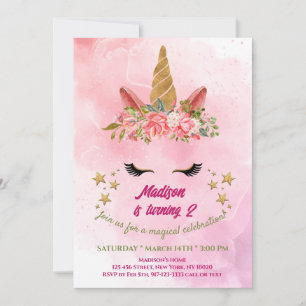 Magical Rainbow Unicorn Gold Glitter Girl Birthday Invitation