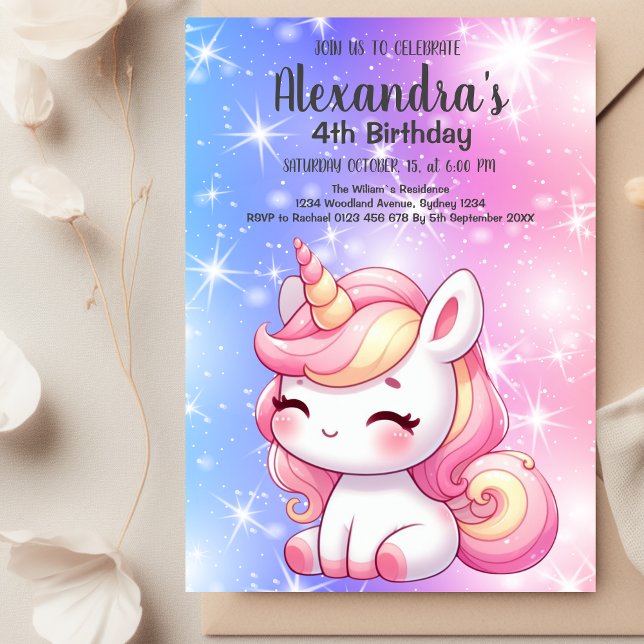 Magical Rainbow Unicorn Gold Glitter Girl Birthday Invitation (Creator Uploaded)