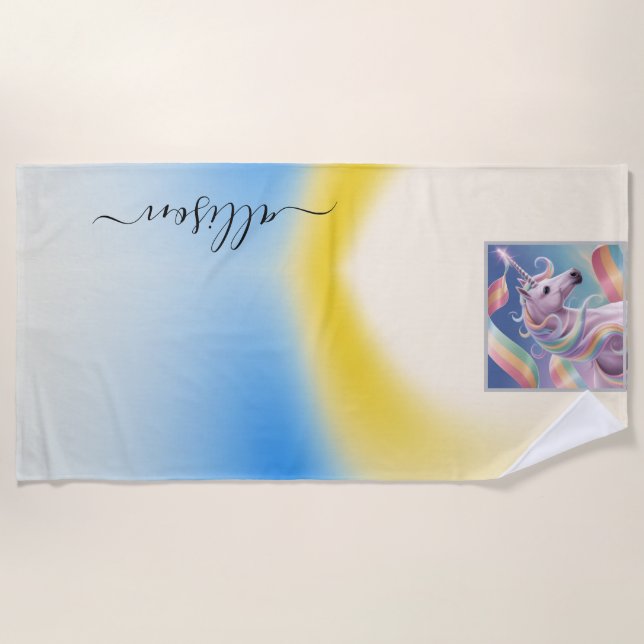 Magical Rainbow Unicorn name Personalised  Beach Towel (Front)