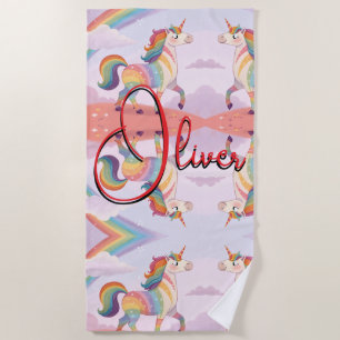Magical Rainbow Unicorn name Personalised Beach Towel