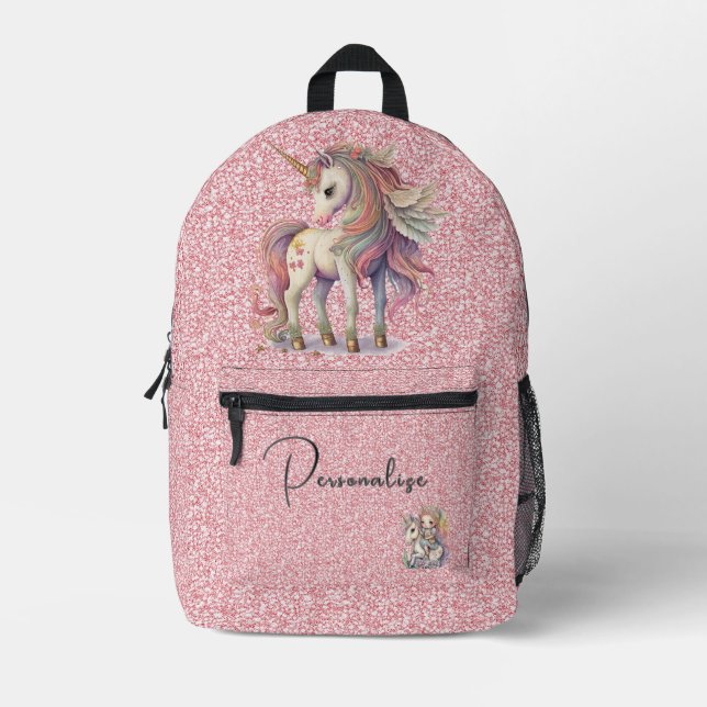 Magical Rainbow Unicorn on Pink Glitter Printed Backpack (Front)