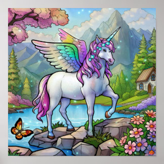 Magical Rainbow Unicorn Pegasus Fairy Tale Kingdom Poster