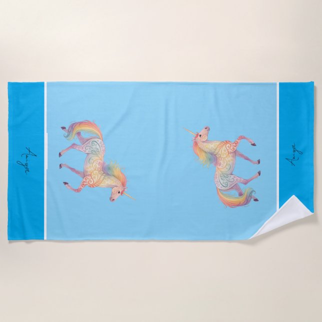 Magical Rainbow Unicorn  Personalised  Beach Towel (Front)