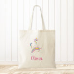 Magical Rainbow Unicorn Personalised Tote Bag<br><div class="desc">Cute personalised unicorn birthday tote bag. This fun custom design features a sweet unicorn illustration,  stars and a rainbow. Trendy pink,  purple,  blue and yellow colours with a touch of faux gold glitter.</div>