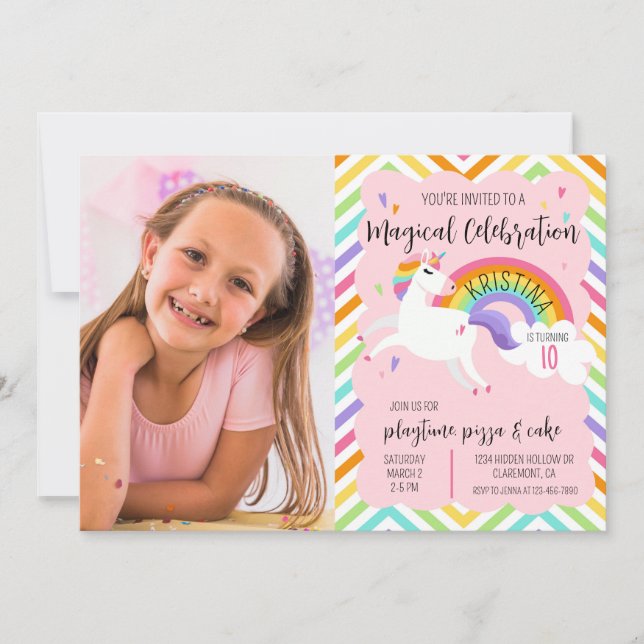 Magical Rainbow Unicorn Photo Birthday Invitation (Front)