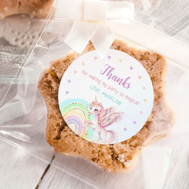 Magical Rainbow Unicorn Pink Gold Birthday Party Classic Round Sticker (Creator Uploaded)