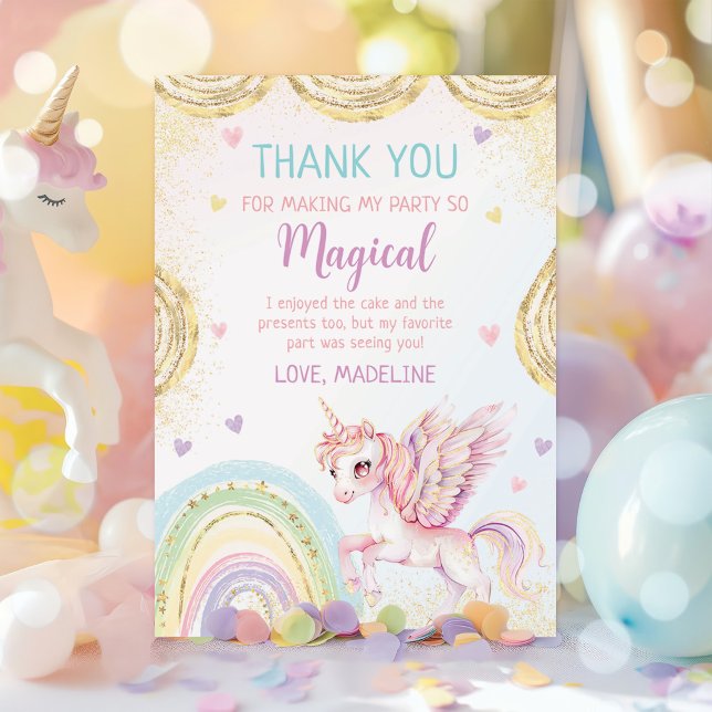 Magical Rainbow Unicorn Pink Gold Birthday Party Thank You Card (Creator Uploaded)