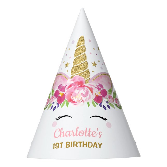Magical Rainbow Unicorn Pink Gold Floral Birthday Party Hat (Front)