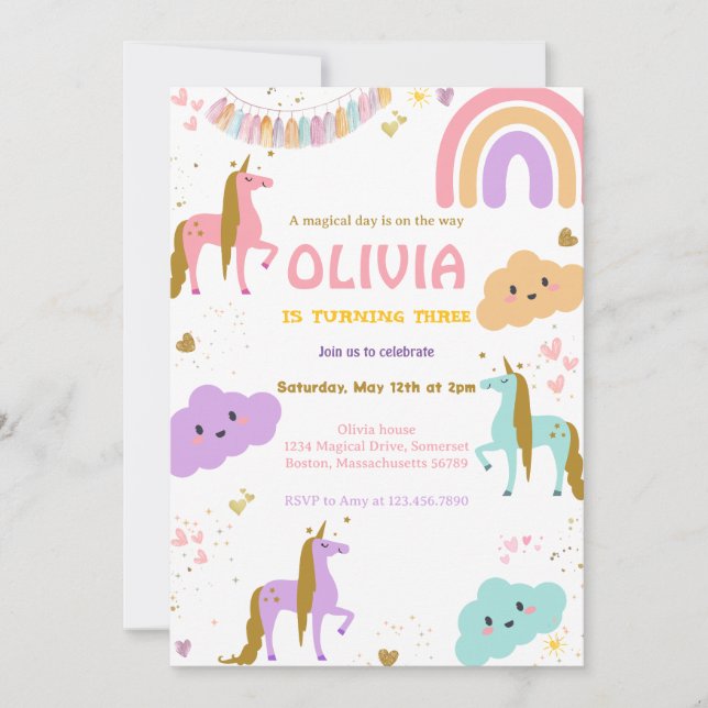 Magical Rainbow Unicorn Pink Pastel Birthday Party Invitation (Front)