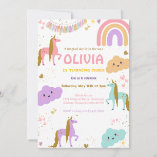 Magical Rainbow Unicorn Pink Pastel Birthday Party Invitation