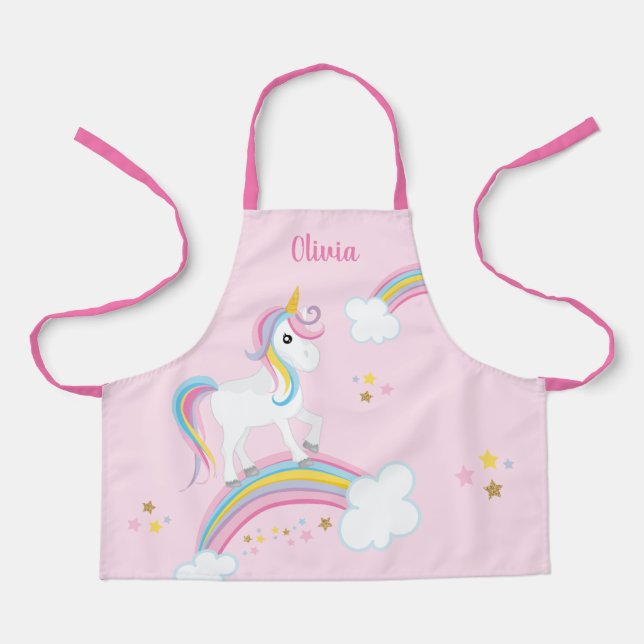 Magical Rainbow Unicorn Pink Personalised Kids Apron (Front)