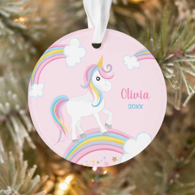 Magical Rainbow Unicorn Pink Personalised Ornament (Tree)