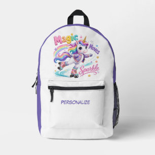 Magical Rainbow Unicorn Roller Skates Personalised Printed Backpack