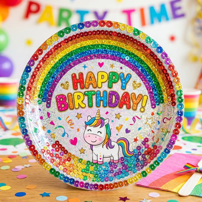Magical Rainbow Unicorn Sequin Print Birthday Paper Plate (Creator Uploaded)