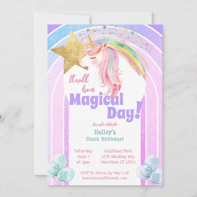 Magical Rainbow Unicorn Sixth Birthday Invitation (Front)