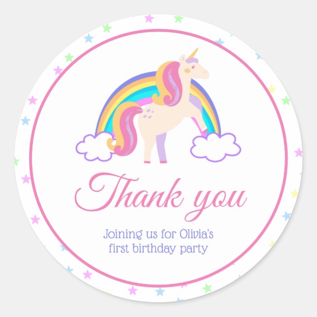 Magical Rainbow Unicorn Thank You Classic Round Sticker (Front)