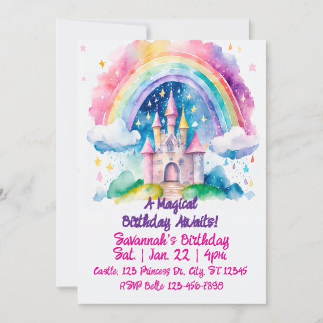 Magical Rainbow Watercolor Fantasy Castle Birthday Invitation (Front)