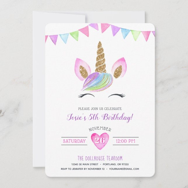 Magical Rainbow Watercolor Unicorn Birthday Invitation (Front)