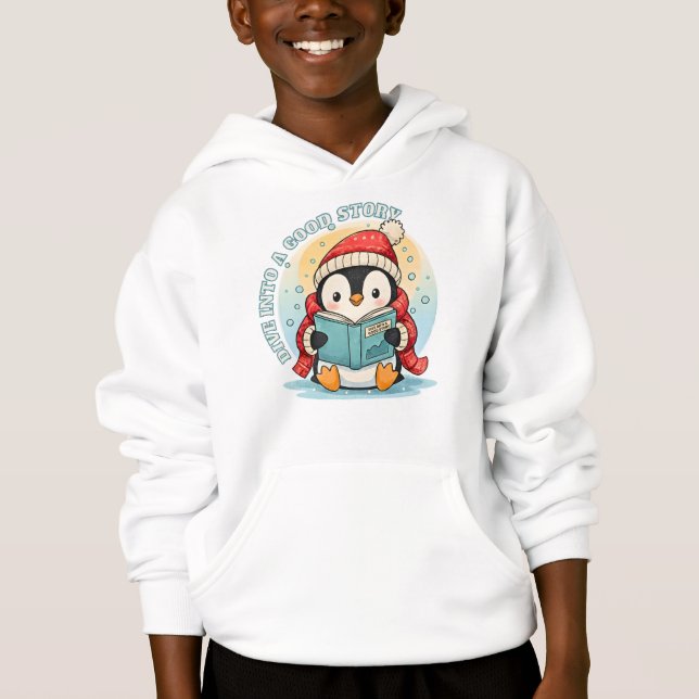 Magical Reading Penguin Kids Winter Tale Hoodie (Front)