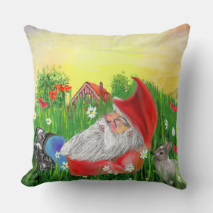 Magical Red and Green Gnome and Rabbit Cushion