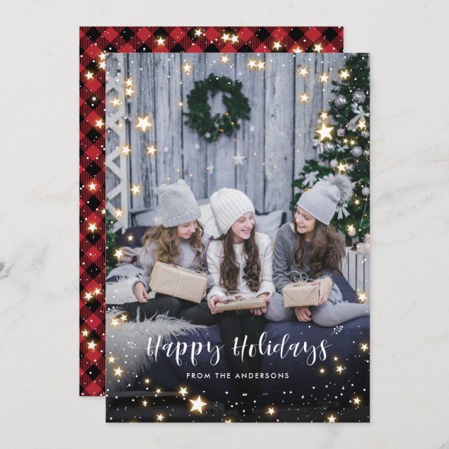 Magical Red Buffalo Plaid Snow Stars Photo Holiday Card (Front/Back)
