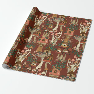 Magical Red Cottage Core Floral Mushroom Pattern  Wrapping Paper