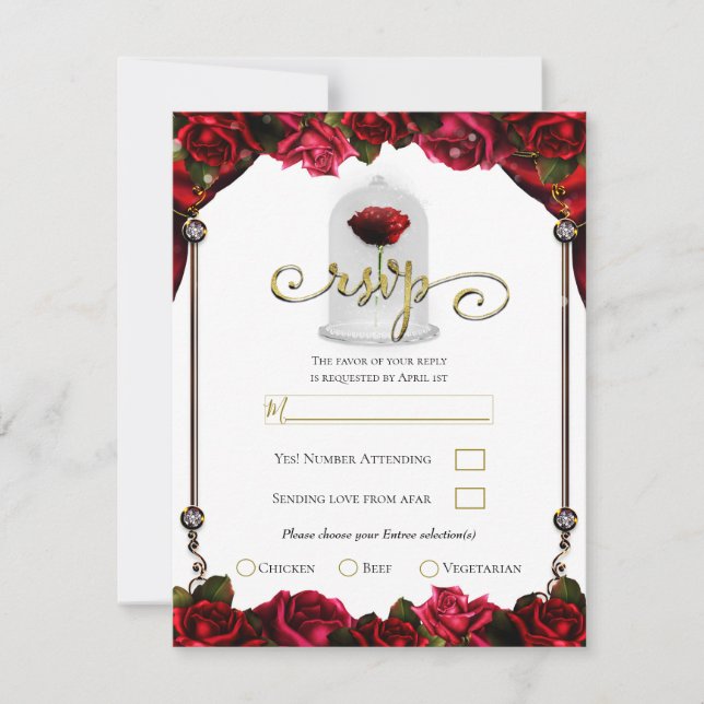 Magical Red Rose Gold White Party RSVP Response Invitation (Front)