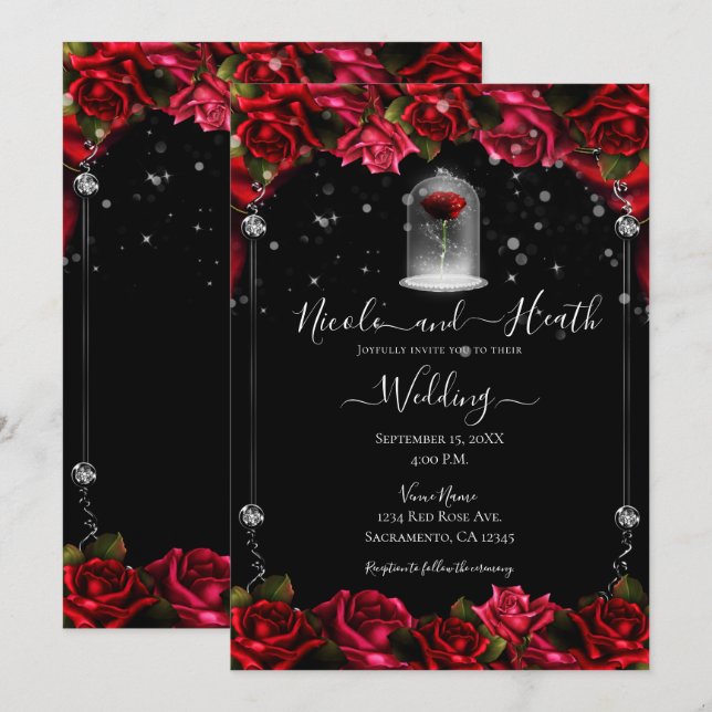 Magical Red Rose White Gold Silver Black Wedding Invitation (Front/Back)