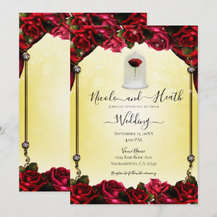 Magical Red Rose Yellow Gold Sparkle Wedding  Invitation