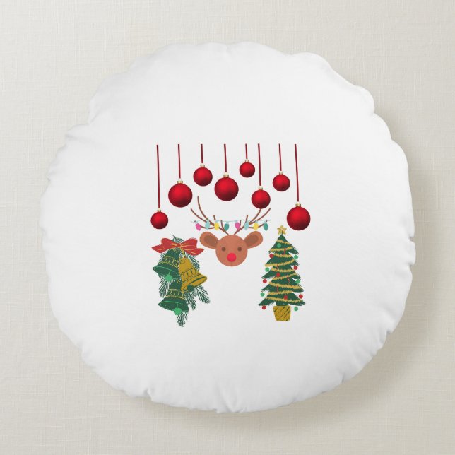 Magical Reindeer Bells and Christmas Tree Design  Round Cushion (Front)