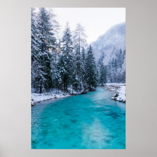 Magical river in enchanted winter forest poster
