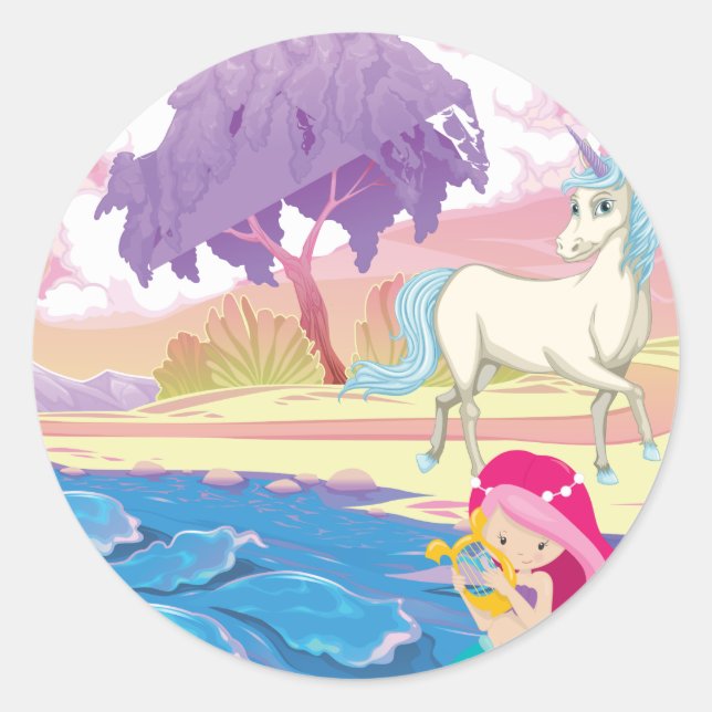 Magical Riverbank with Fairies Unicorn and Mermaid Classic Round Sticker (Front)