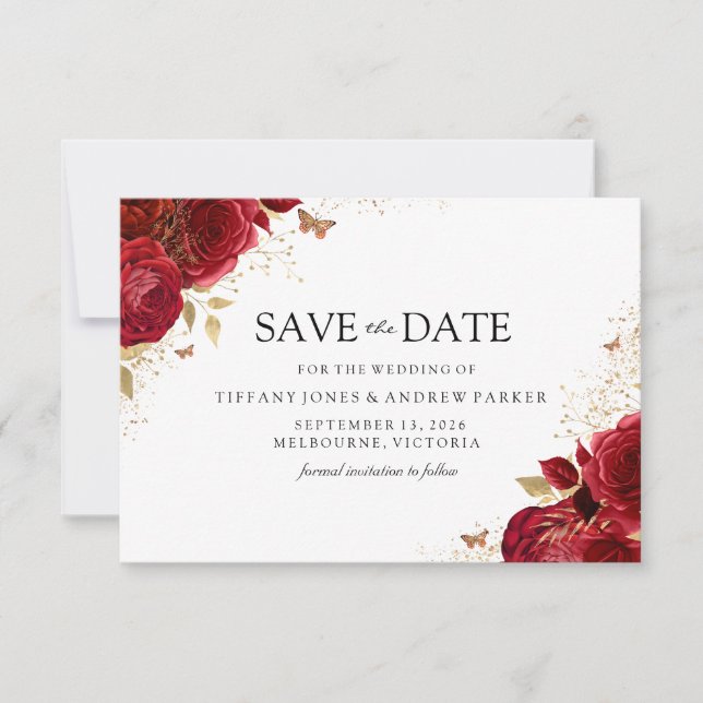 Magical Romantic Red Roses Gold Floral Wedding Save The Date (Front)