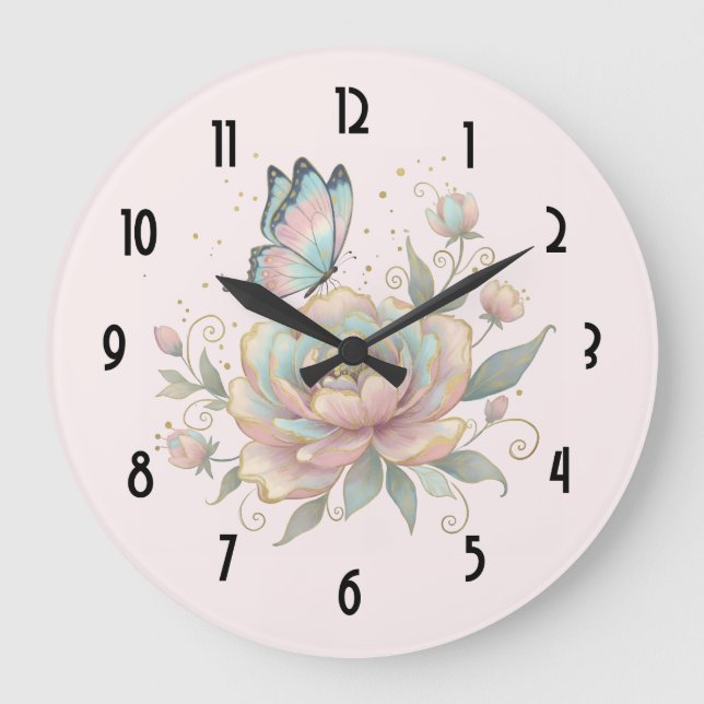 Magical Rose and Butterfly Pastel Colours Large Clock (Front)