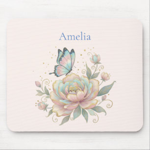 Magical Rose and Butterfly Pastel Colours Mouse Mat