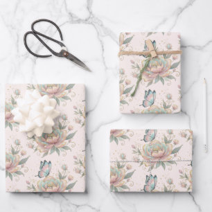Magical Rose and Butterfly Pastel Colours Pattern Wrapping Paper Sheet