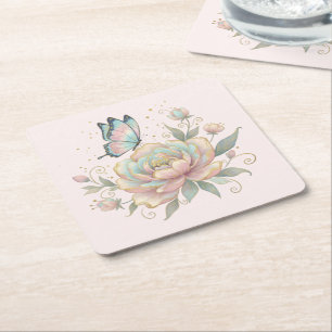 Magical Rose and Butterfly Pastel Colours Square Paper Coaster