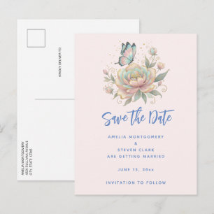 Magical Rose and Butterfly Pastel Colours Wedding Announcement Postcard